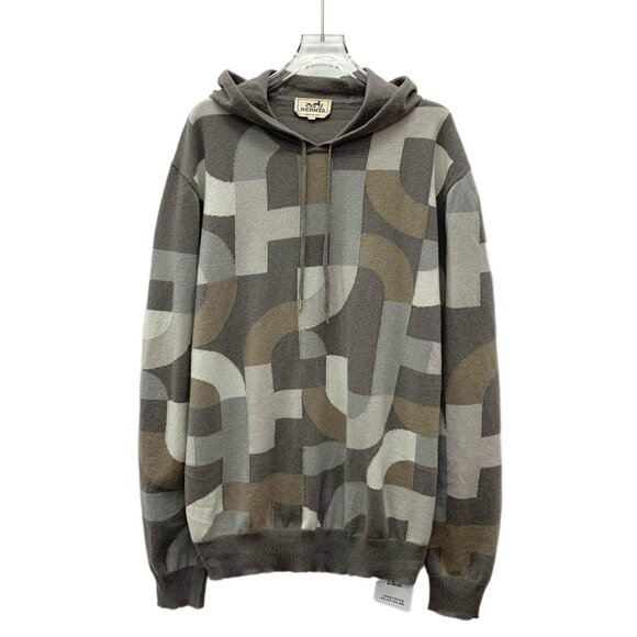 IM0278 Hermes Hermes color-blocked pig nose full-print cashmere hooded drawstrin - Picture 1 of 8